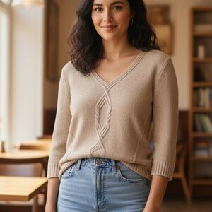 𝅺MAX Studio 100% Cashmere Tan Cable Knit V Neck 3/4 Sleeve Sweater Size S